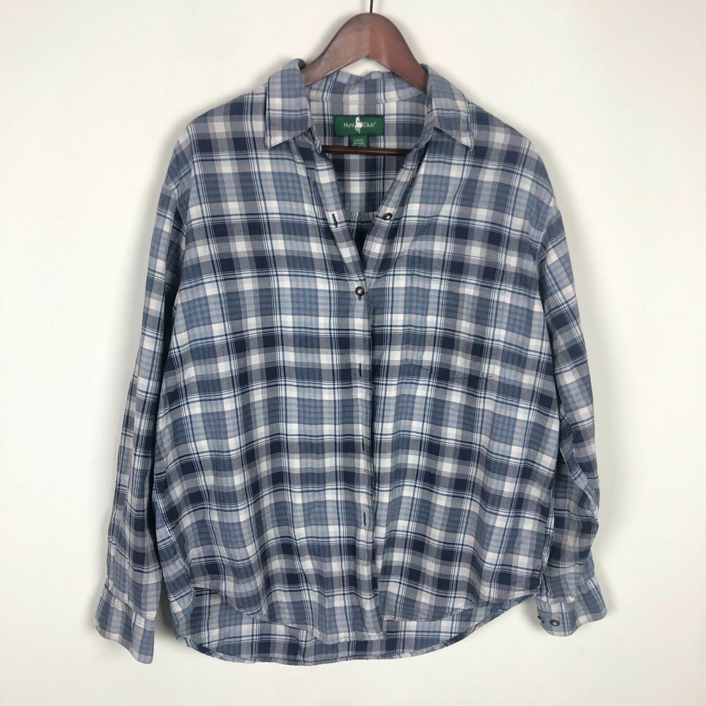Hunt Club Blue White Plaid Button Up Shirt Women's Size Large 100% Cotton